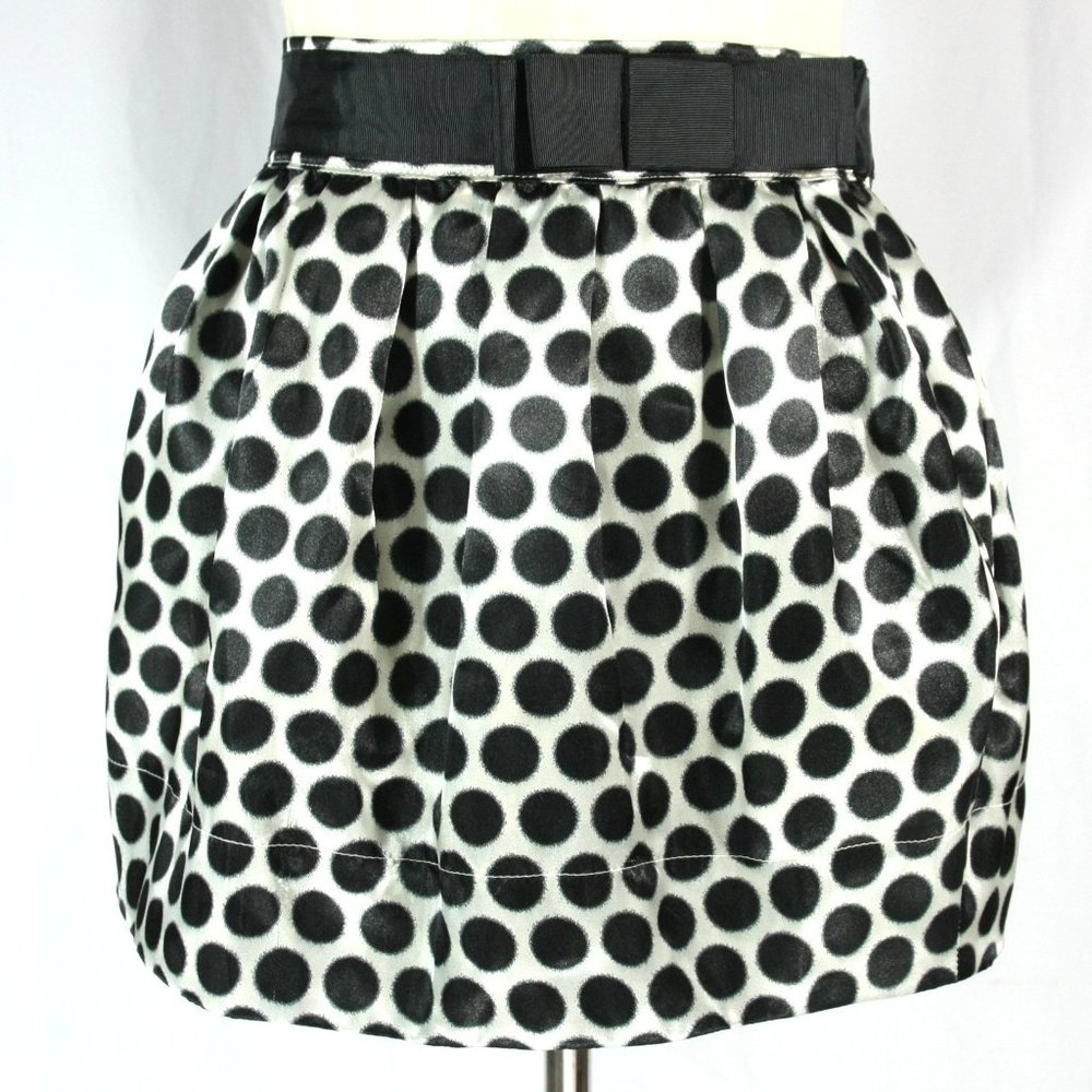 Candy Rain Black and Silver Polka Dot Satin Short Fit Flair Mini Skirt w Bow - S